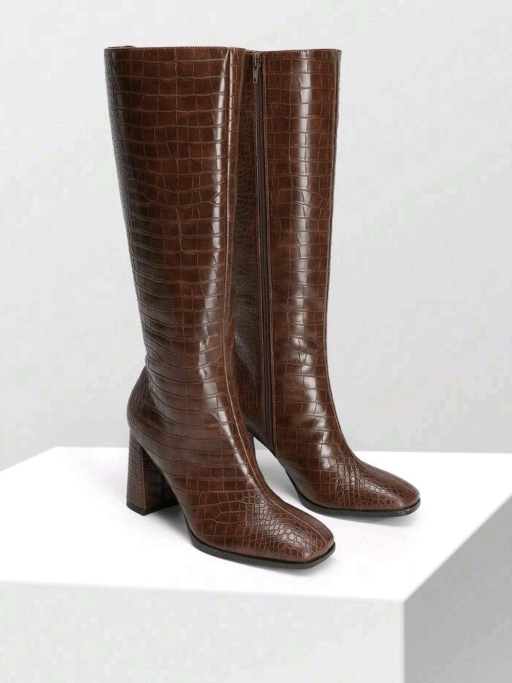 Classic Croc-Embossed Brown Knee Boots